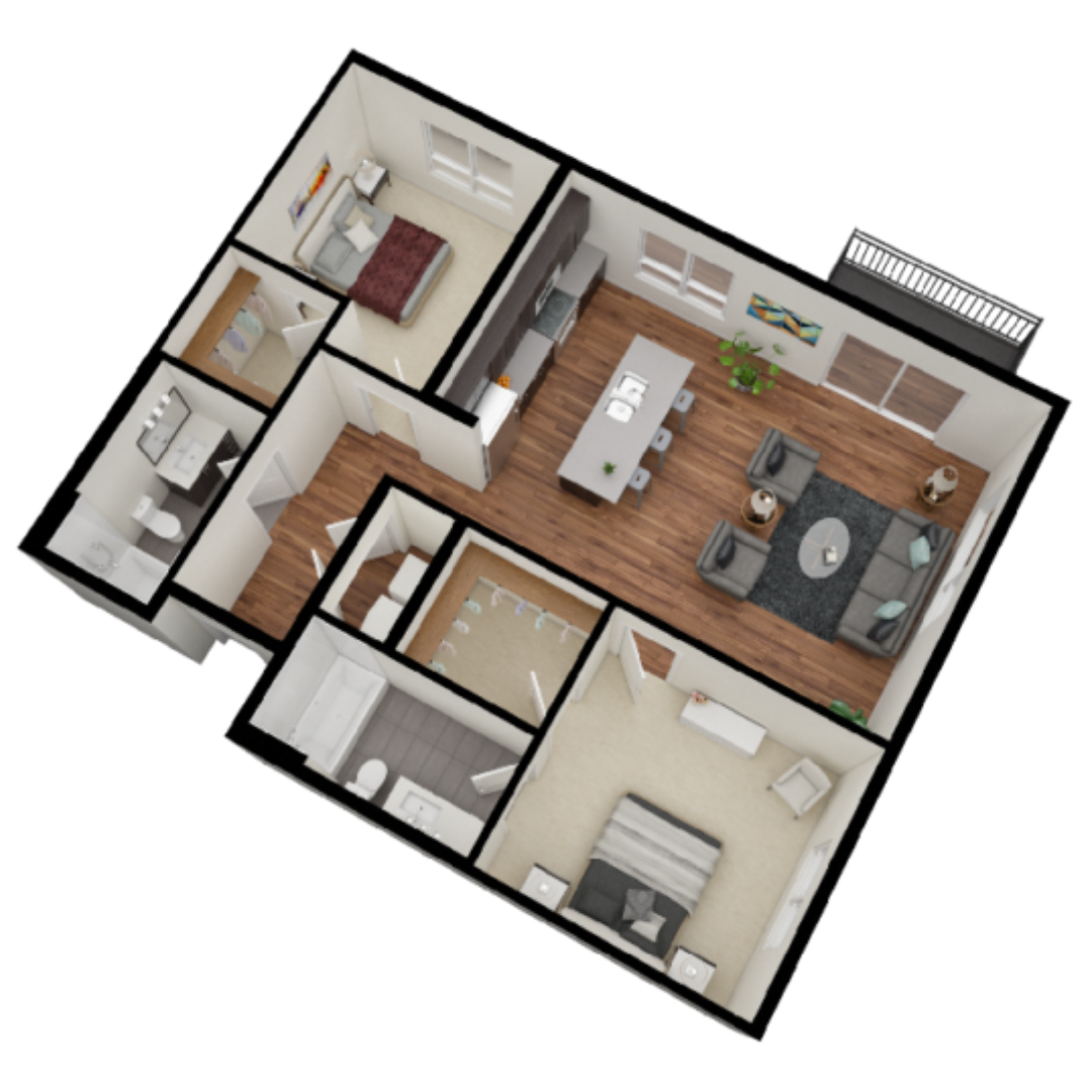 Floor plan for 2 beds, 2 baths, 1020 sqft